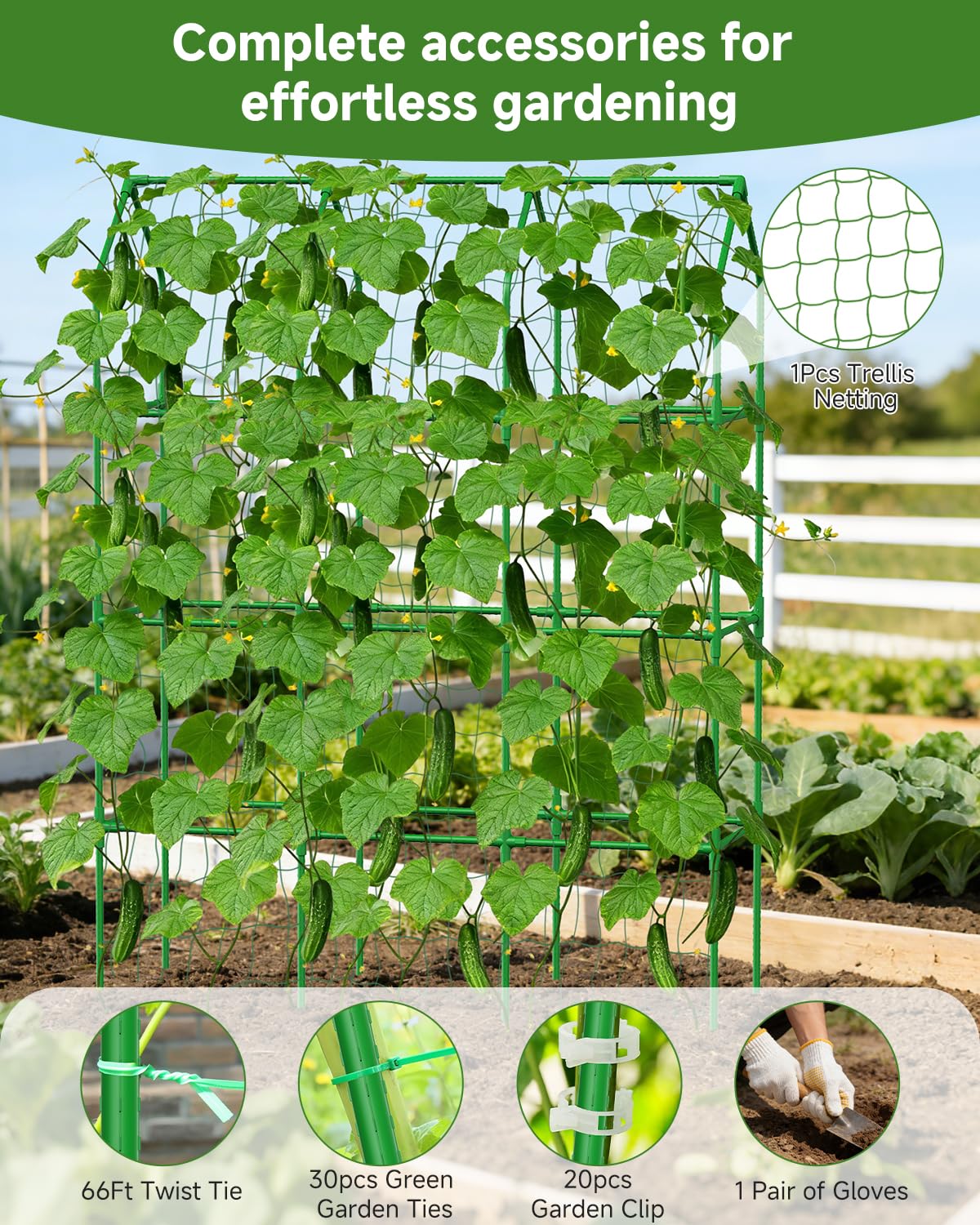 Cucumber Trellis for Climbing Plants Outdoor, A-Shape Garden Trellis for Raised Bed, Metal Plant Trellis with Garden Netting for Flower Vegetables, Pea, Grape (50 * 17 * 65inch(L*W*H)