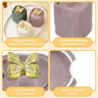 BarroSol Ceramic Sugar Container, 6.7ounce Sugar Bowl with Lid and Spoon,Sugar Jar with 3D Golden Butterfly Decoration for Coffee, Salt, Spices,Sugar Holder for Coffee Station Accessories,Purple