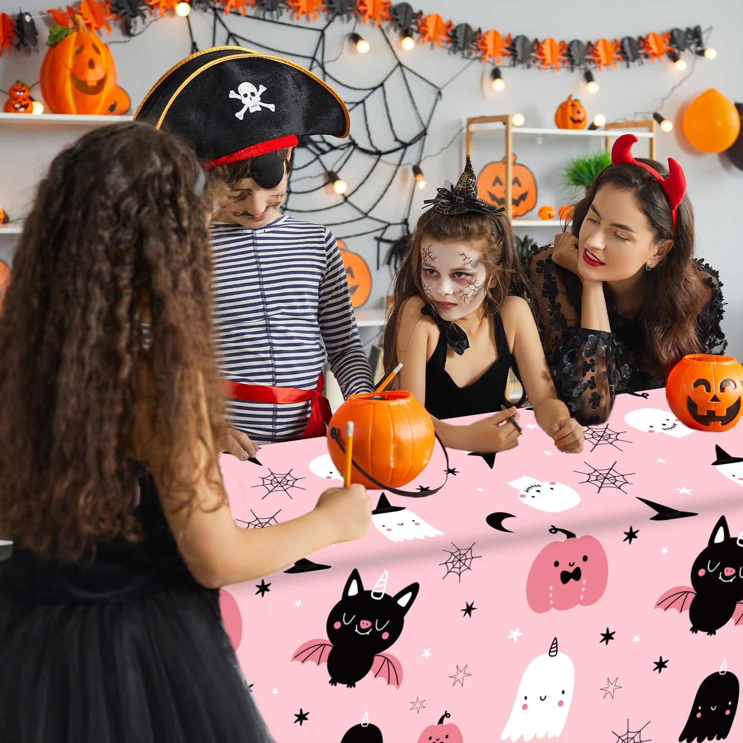 JarThenaAMCS 3Pcs Halloween Plastic Tablecloth Rectangle Pink Pumpkin Ghost Bat Table Cover Cute Disposable Table Cloth for Dinner Party Decor, 54 x 108 Inch
