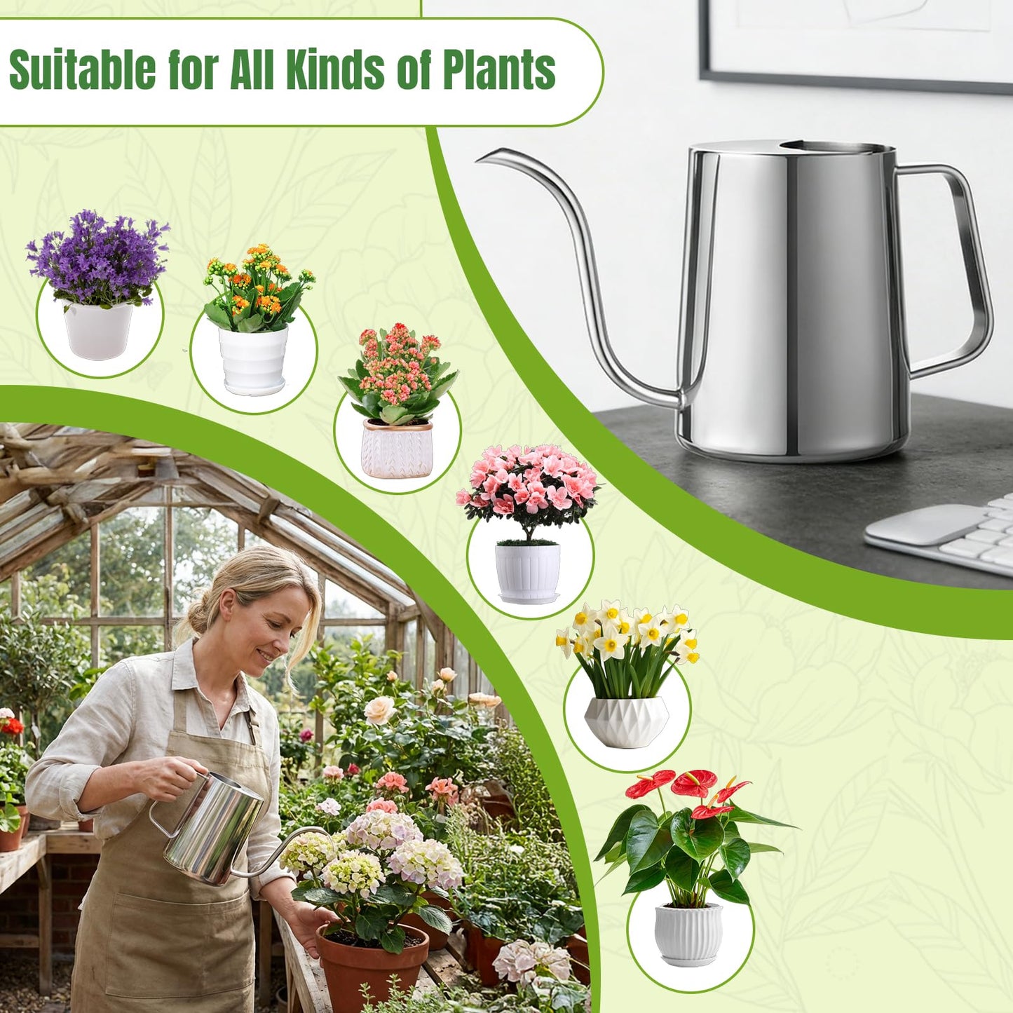 Ratrabas 34oz/1000ml Watering Can Indoor Plants with Long Spout, Plant Watering Can for Ergonomic Handle, Rust-Resistant & Durable 304 Stainless Steel, Office & Home