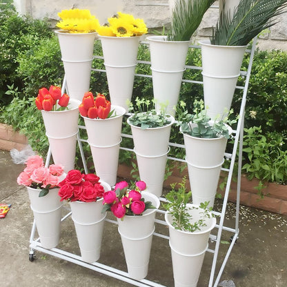 Flower Display Stand, 3 Layers Heavy Duty Moving Plant Cart Shelf With Wheels and Bucket, Wrought Iron Florist Shelf, for Patio Garden, Florist, Outdoor Flower Pop-Up Events (White Iron Frame)