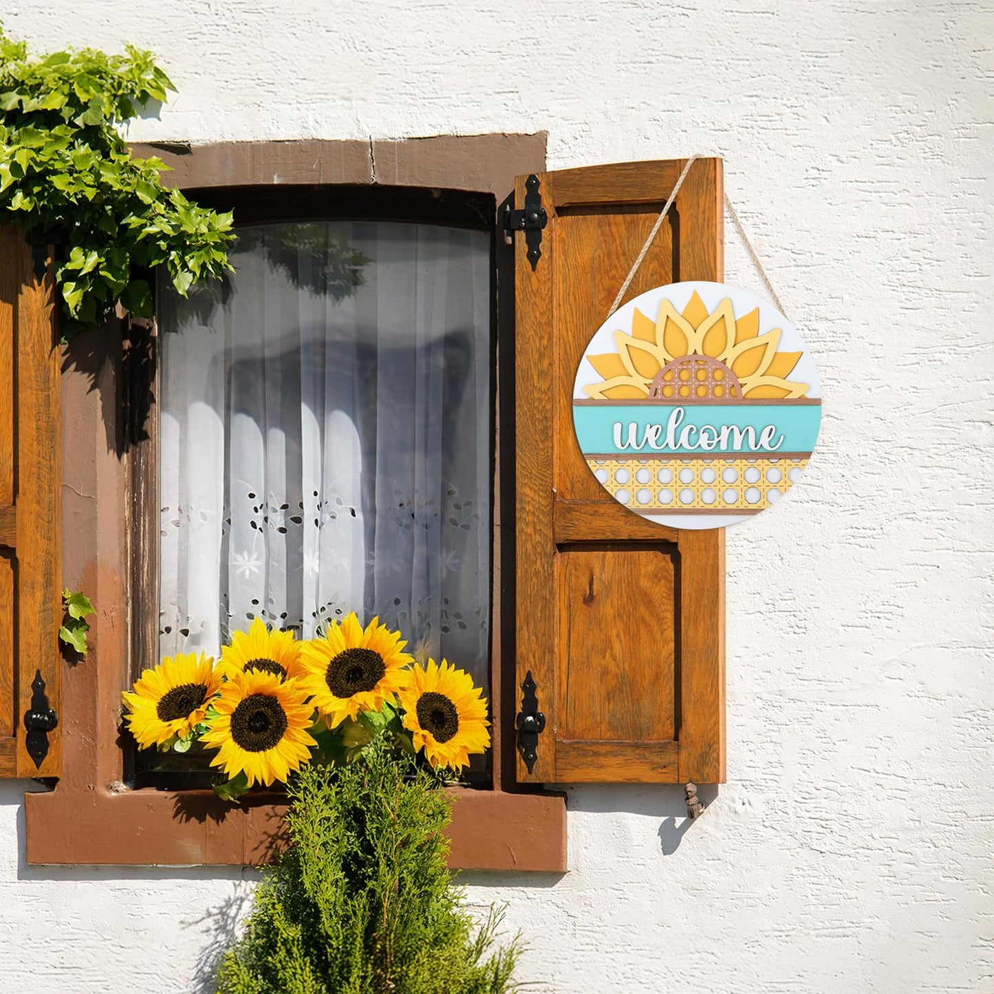 HOURIA 3D Summer Sunflower Welcome Door Sign,11.4 Inches Yellow Flower Summer Wood Wall Decor,Farmhouse Sunflower Decorations for Home,Office,Wreath,Indoor,Outdoor