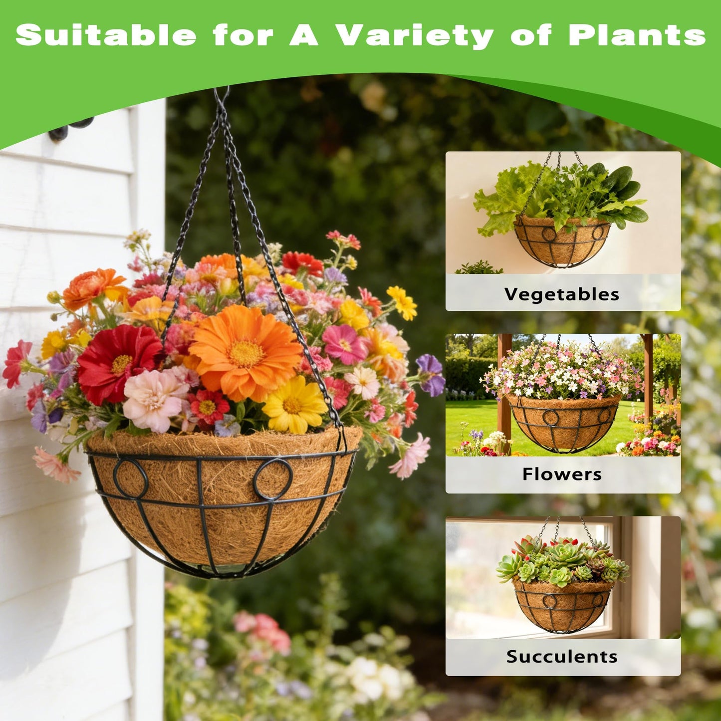 ZVOWOS 2 Pack 12 Inch Black Metal Hanging Basket Hanging Planter with Coco Coir Liner Heavy Duty Hanging Flower Pot Holder for Indoor Outdoor Patio Garden Porch Balcony Decor (Round)