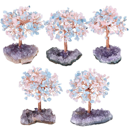 TUMBEELLUWA Natural Crystal Chips Money Tree for Good Luck and Wealth Handmade Stones Figurine Bonsai Tree with Natural Amethyst Cluster Base, Rose Quartz+Aquamarine
