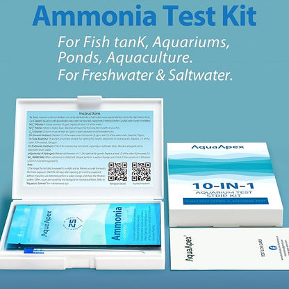 10-in-1 Ammonia Test Kit Aquarium (100 Strips): 50 Multi-Test + 50 Ammonia | Aquarium Test Strips for Freshwater & Saltwater. for Fish Tanks, Aquariums & Pond Water Test kit. Test Nitrate, pH & More