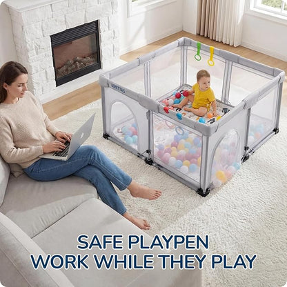 Foldable Baby Playpen, 1-Minute Setup, Lightweight Portable Playpen with Carry Bag, 50"x50" Indoor Outdoor Safty Play Yard for Babies & Toddlers, Light Gray