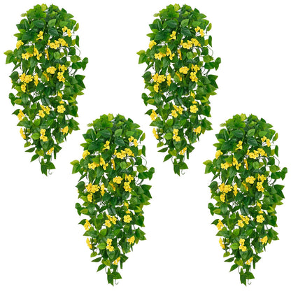BLEUM CADE Artificial Hanging Flowers for Outdoors, 4pcs Fake Hanging Plants Pothos Vines with Yellow Flowers for Wall Home Living Room Indoor Outdoor Decor (No Baskets)