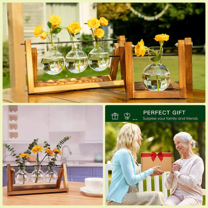Kingbuy Plant Propagation Station – 3 Glass Bulb Vases with Wooden Stand, Boho Desktop Terrarium for Hydroponics Home Office Window Sill Decor, Unique Gift for Women Plant Lovers