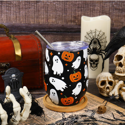 Whaline Halloween Stainless Steel Wine Tumbler with Straw and Lid Ghost Pumpkin Coffee Mug Black White Orange Insulated Tumbler for Hot and Cold Drinks