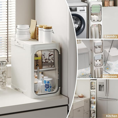 2-Tier Narrow Storage Cabinet, Slim Bathroom Storage Cabinet with Adjustable Shelves and Wheels, Narrow Organizer for Small Space, Bathroom, Kitchen, Laundry, White