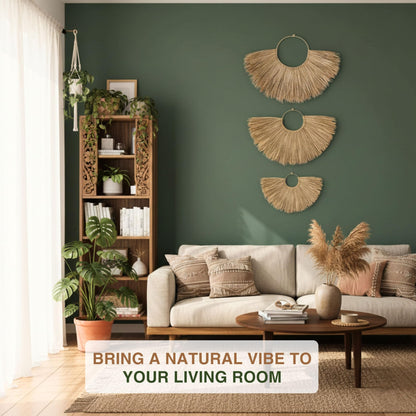 Chicvillage Handwoven Seagrass Wall Basket Set, 3-Piece Wicker Hanging Decor for Bedroom, Handmade Fan-shaped Seagrass Basket for Boho, Farmhouse & Coastal Home Living Room Wall (Sunlight)