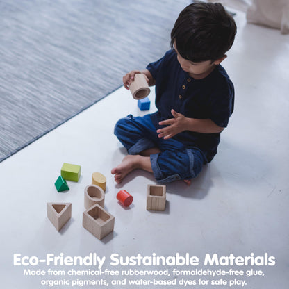 PlanToys® Geo Matching Blocks Wooden Shape Sorting Toy for Kids Ages 2+ | Montessori Activity for Colour Learning, Spatial Reasoning & Fine Motor Skills | Eco-Friendly Educational Toy
