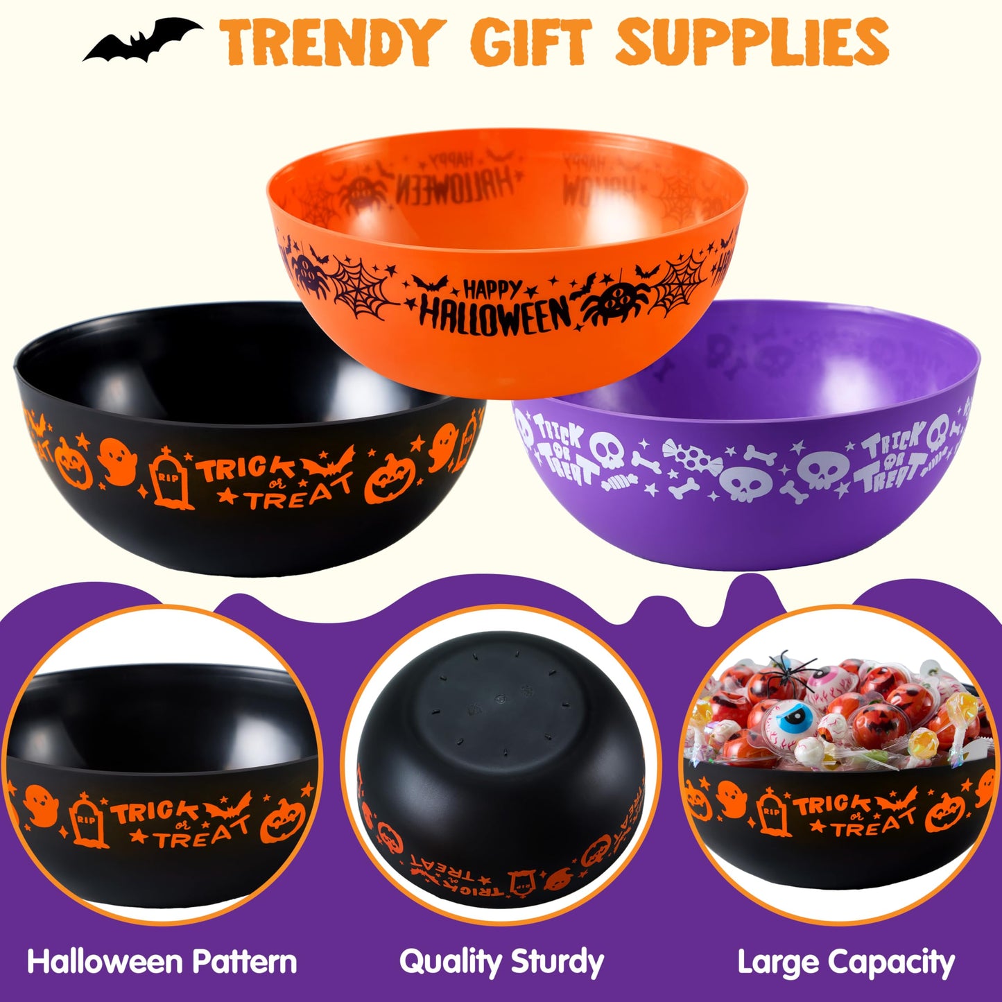 JOYIN 3 PCS Halloween Candy Bowls, 9.6" * 4.4" Trick or Treat Bowls, Plastic Orange Halloween Serving Dish, Purple Witch Cup, Black Pumpkin Candy Holder for Kids Party Favor Supplies, Table Decor