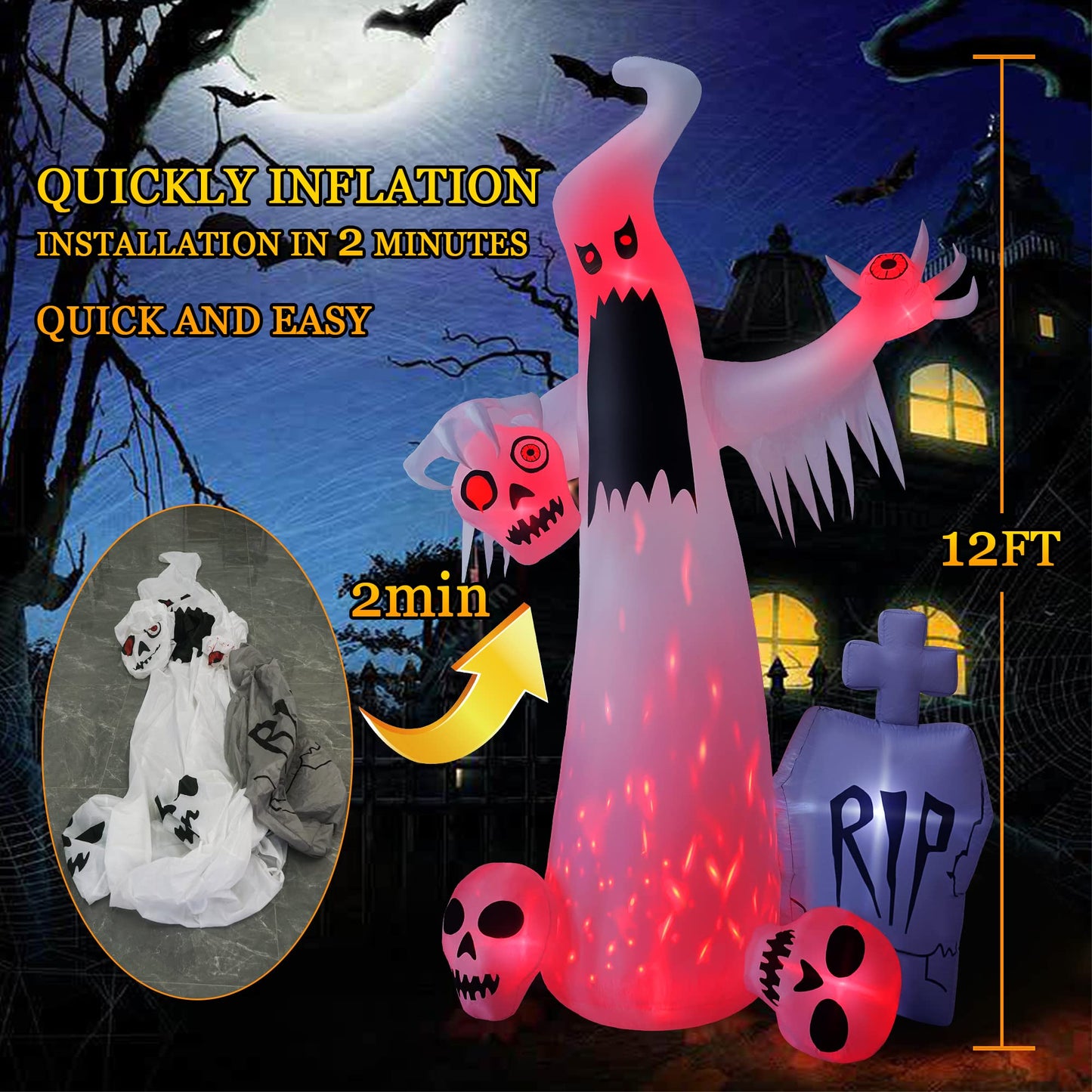 HOPOCO 12 FT Halloween Inflatables Outdoor Halloween Blow Up Yard Decorations Horror White Ghost with 3 Skull Heads Bleeding Eyeball Tombstone Halloween Decorations Clearance for Party Yard Garden
