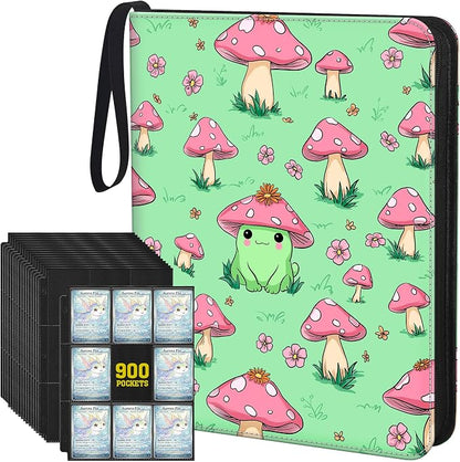 Cute Frog & Mushroom 9-Pocket Trading Card Binder Album, 900 Card Zipper Binder with 50 Removable Sleeves, Refillable 3-Ring Card Book for MTG, TCG and Sports Cards, Fits 2.5" x 3.5" Cards