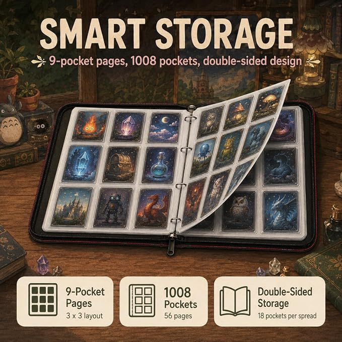 1008 Cute Card Binder 9 Pocket, 3-Ring Trading Card Binder with 56 Page Removable Sleeves, High Storage Waterproof Trading Card Holder Collection Card Album Organizer Case for TCG Cards - Coal