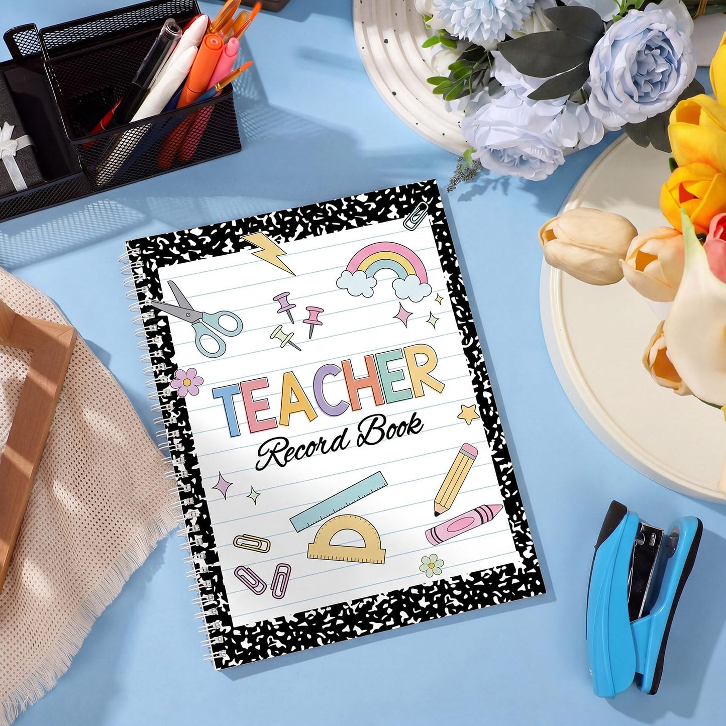 Fuyoooo Teacher Record Book 2026-2027 Teacher Grade Books Spiral Bound Record Planner 2026 Class Grade Book Office Favors for Classroom Attendance Planner Decoration Double Sided(Black, Composition)