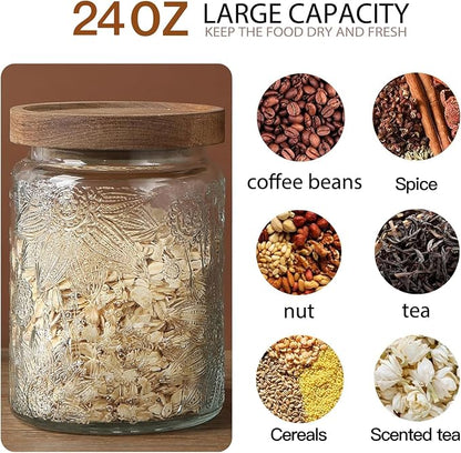 24 OZ Airtight Glass Storage Jar with Bamboo Lid - Vintage Glass Jar Vintage Food Containers Canisters Set for Kitchen Counter & Pantry - Ideal for Sugar, Flour, Coffee, Tea, Candy, Oats, Cereal