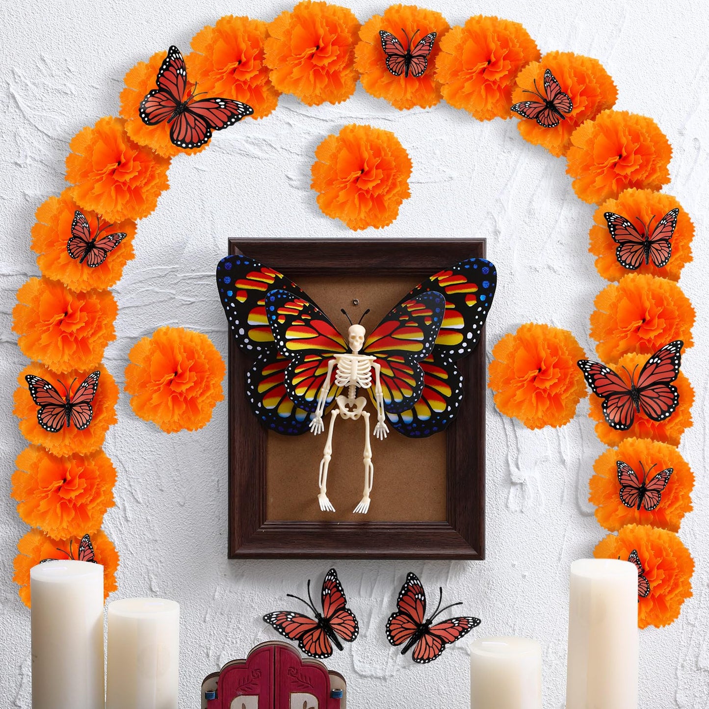Simgoing 55 Pcs Day of The Dead Altar Decor Kit Dia De Los Muertos Ofrendas Wall Decorations 40 Marigold Flowers, 13 Monarch Butterfly, Skeleton, Photo Frame Indian Diwali Altar Remembrance Supplies