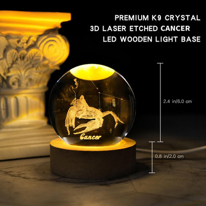 QIANCHANG 3D Etched Crystal Ball with LED Light Stand, Twelve Zodiac Cancer Constellation Decor Glass Sphere Lamp, Astrology Birthday Gifts for Women Kids