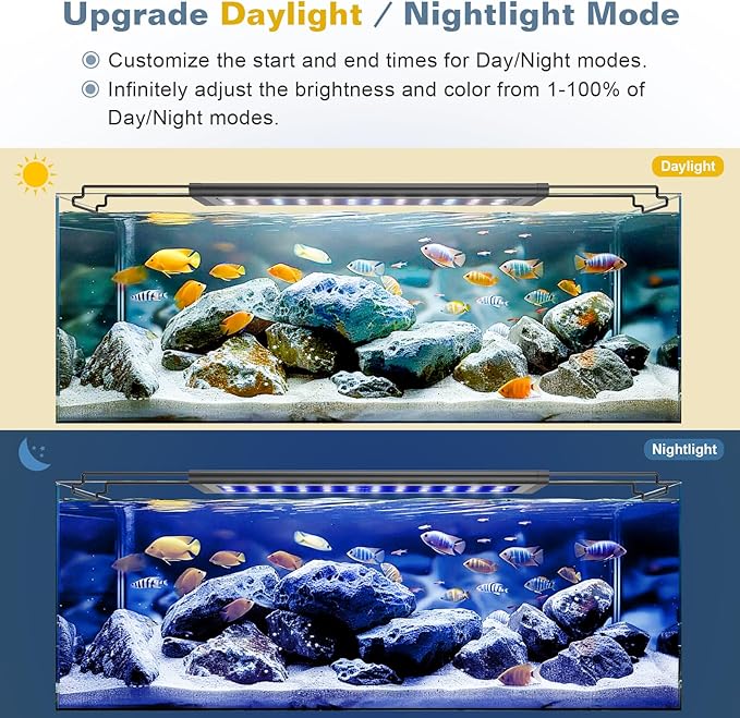 LED Aquarium Light Full Spectrum Fish Tank Light with RGB Brightness/Color Stepless Adjustment, 24/7 Day-Night Cycle Mode, Auto On/Off Timer, IP68 Waterproof (18W for 18'' - 24'' Tank)