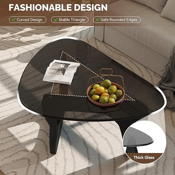 Modern Glass Coffee Table, Triangle Center Table with Tempered Glass Top& Unique Wooden Base, 35.5” Mid Century Tea Tables for Living Room, Apartment, Office,Black & Grey
