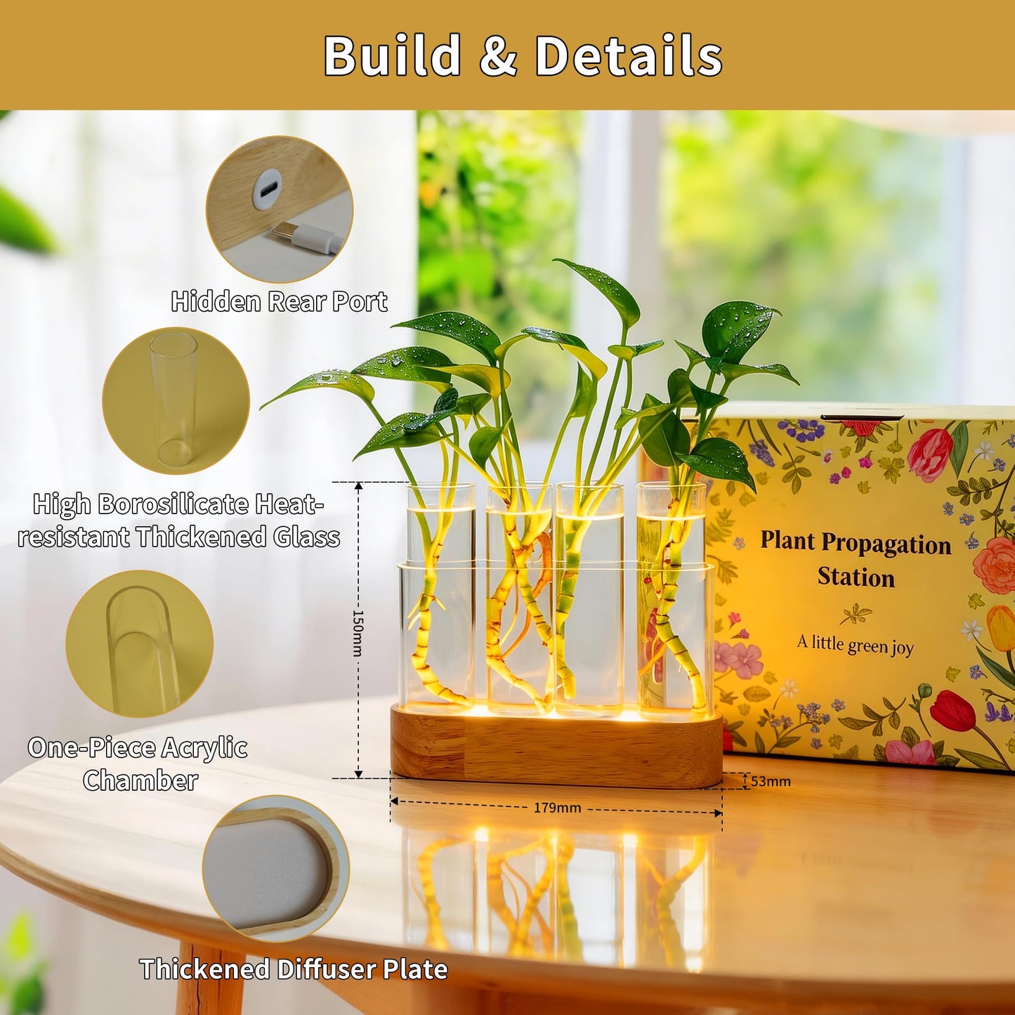 Plant Propagation Station with LED Lights, Wooden Stand, 4 Glass Test Tubes for Hydroponic Plants, 3 Lighting Modes 9 Brightness, Plant Lovers