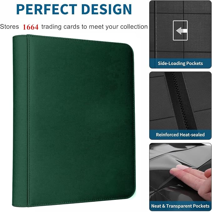 Trading Card Binder 16 Pocket, 1664 Pockets Ringless PU Cover Card Collection Binder, Double Sided Card Binder Collector Album, Card Folder for MTG, TCG, Sports Cards, Game Card (Green, 16Pockets)