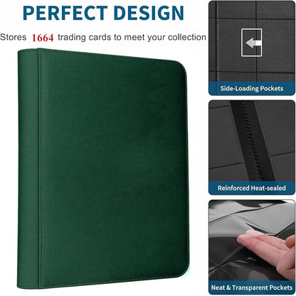 Trading Card Binder 16 Pocket, 1664 Pockets Ringless PU Cover Card Collection Binder, Double Sided Card Binder Collector Album, Card Folder for MTG, TCG, Sports Cards, Game Card (Green, 16Pockets)