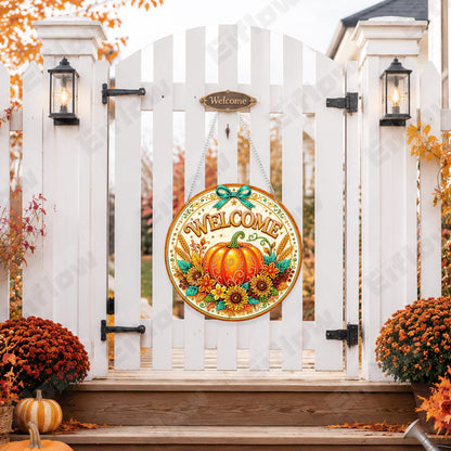 Eiflow Hanging Diamond Art Pumpkin Kit for Adults Fall DIY Acrylic Diamonds Craft Painting Ornament Kit Welcome Sign, Special Crystal Diamond Art Painting Window Wall Door Hanging Pendant