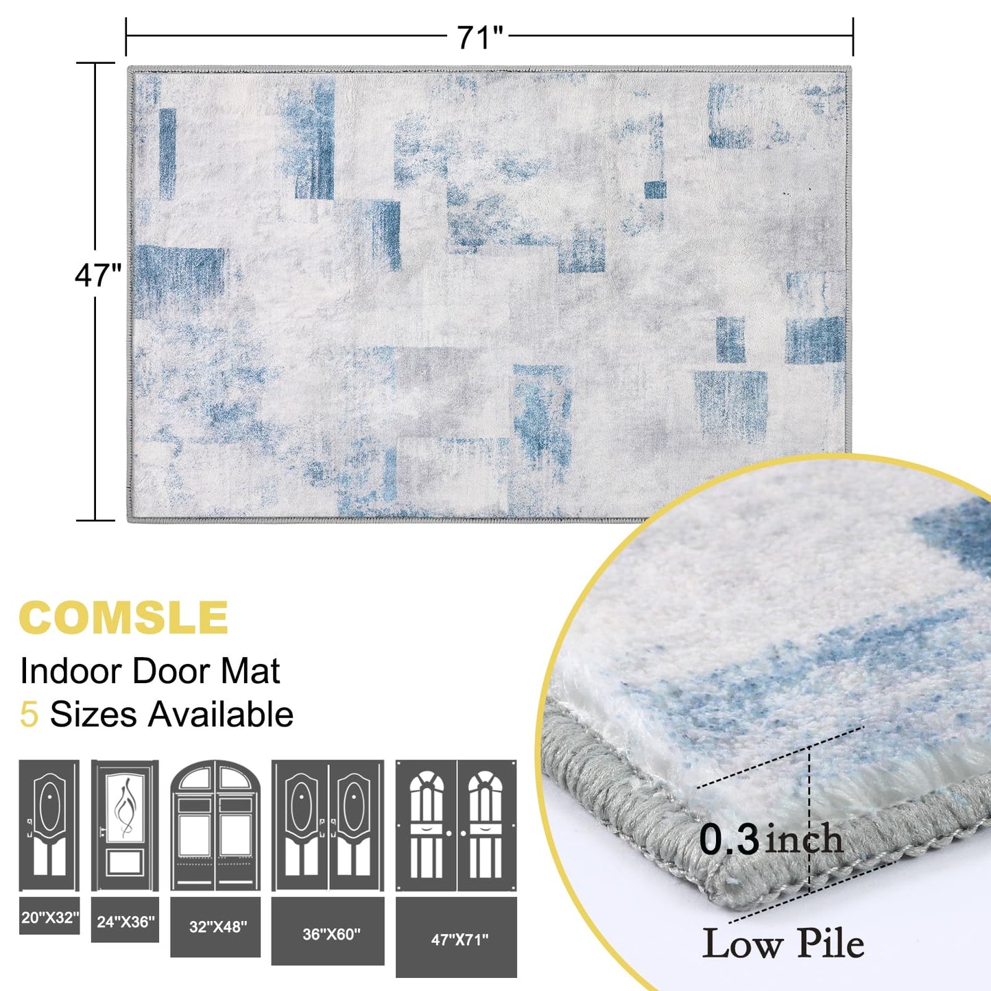 COMSLE Door Mat, Front Door Mat Indoor for Entrance Faux Wool Absorbent Non Slip Modern Throw Rug for Entryway Bedroom Muddy Paws - Pet Friendly, 47x71 Inches,Square Blue Machine Washable