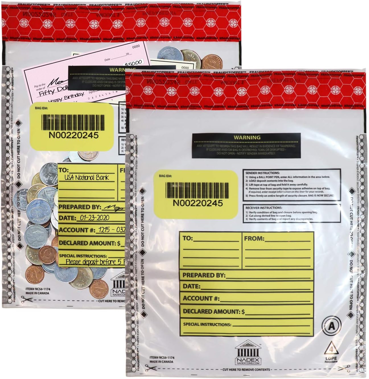 Nadex 9 x 12 Inch Tamper Evident Bank Deposit Bags with FRAUDSTOPPER Level 4 Security, 500 Pack (Clear)