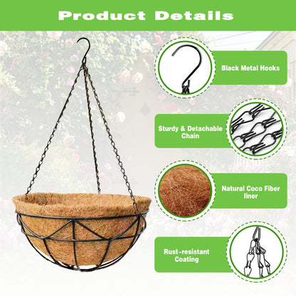 ZVOWOS 2 Pack 12 Inch Black Metal Hanging Basket Hanging Planter with Coco Coir Liner Heavy Duty Hanging Flower Pot Holder for Indoor Outdoor Patio Garden Porch Balcony Decor (Geometric)