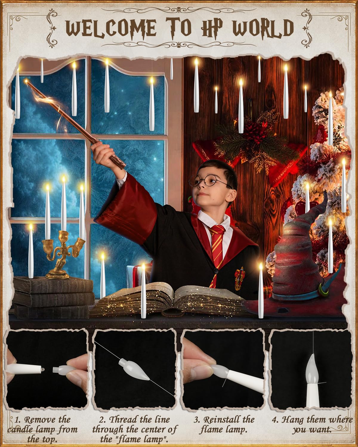 Floating Candles with Wand - Christmas Magic Hanging Flameless Candles Taper Candles with Remote for Halloween Window Home Bedroom Birthday Party Decorations (10 PCS White Candles + 1 Brown Wand)