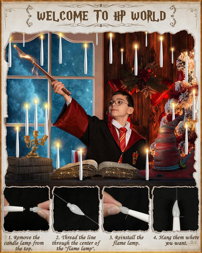 Floating Candles with Wand - Christmas Magic Hanging Flameless Candles Taper Candles with Remote for Halloween Window Home Bedroom Birthday Party Decorations (10 PCS White Candles + 1 Brown Wand)