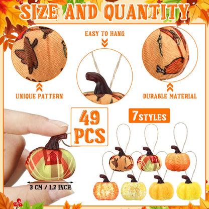 Leinuosen 49 Pcs Thanksgiving Fall Tree Ornaments Thanksgiving Pumpkin Hanging Ornaments Autumn Fabric Pumpkin for Farmhouse Harvest Christmas Party(Classic)