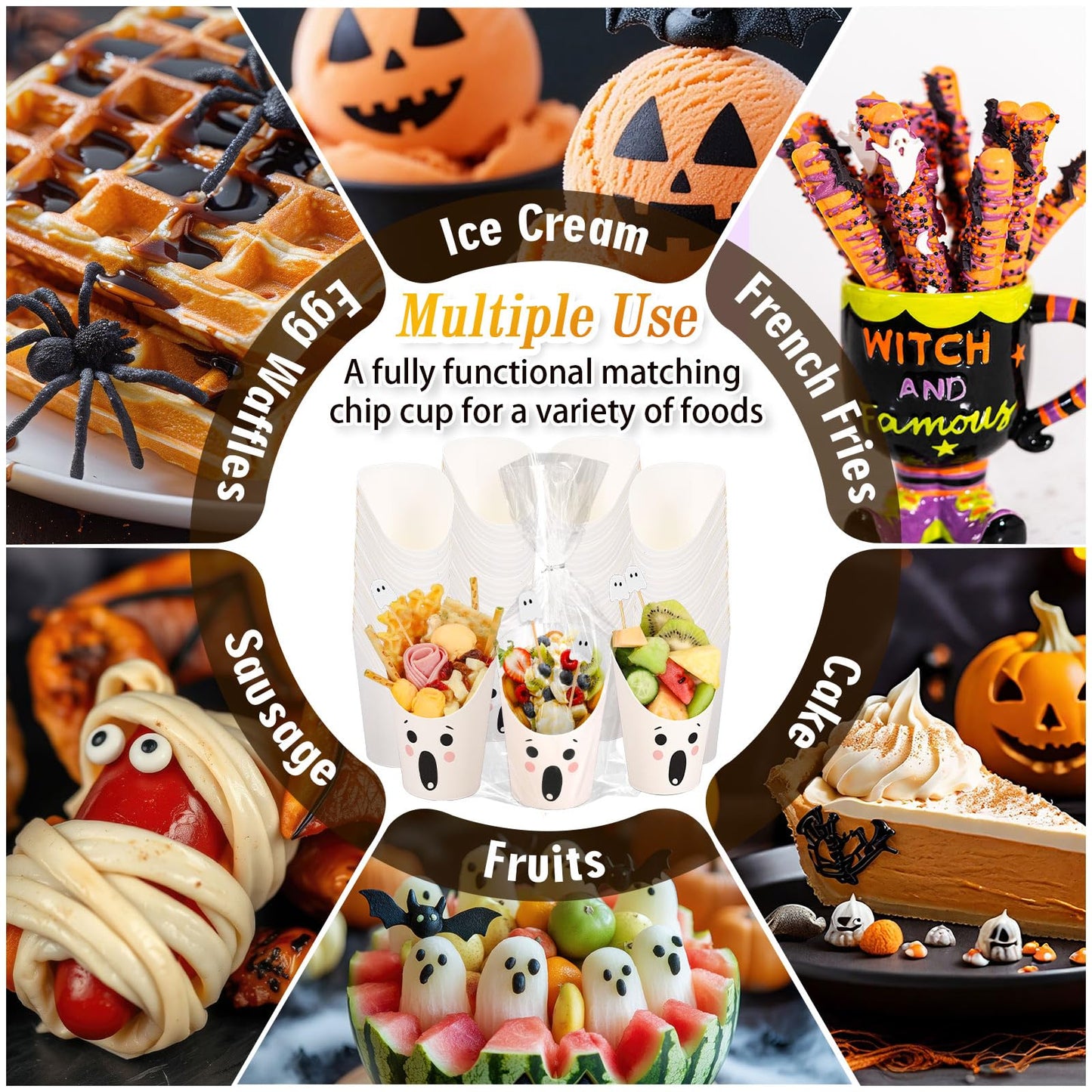 Whaline 500 Pcs Halloween Charcuterie Cup Sets 200 Cocktail Pick 100 Bags 100 Twist Ties 100Pcs 14Oz Cute Ghost Expression Disposable Appetizer Cup White French Fry Holder for Trick or Treat Supplies