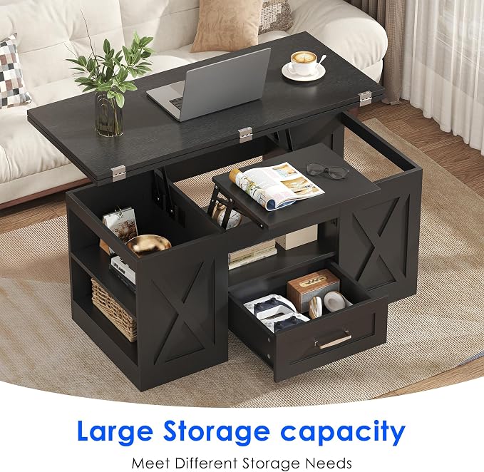 kepptory 39.4'' Lift Top Coffee Table with Storage, 4 in 1 Multi-Function Convertible Coffee Tables for Living Room, Farmhouse Coffee Table with Open Storage Compartment & Drawers (Black)