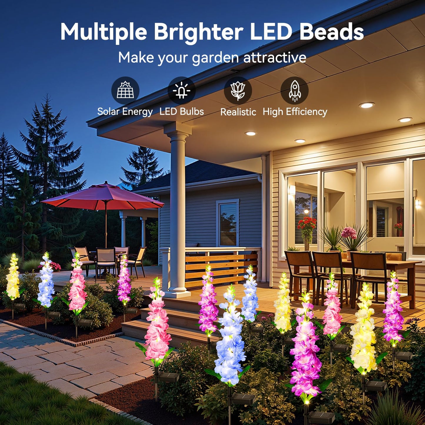 KOOPER Solar Lights Outdoor Garden Decor, 4 Pack Upgraded Delphinium Solar Garden Lights with 36 LEDs, Vivid Flowers Outdoor Waterproof for Landscape Patio Yard Decor