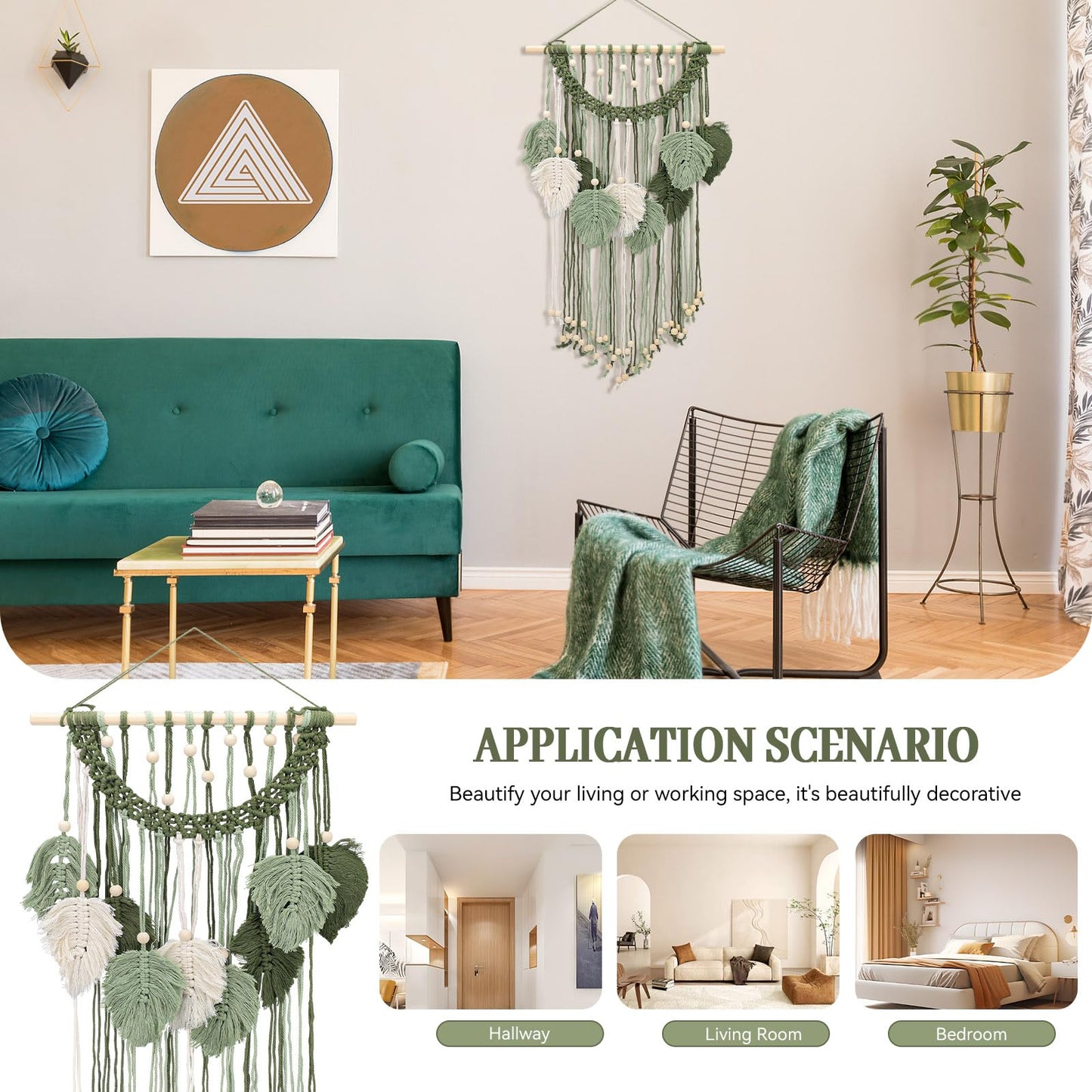 Chihutown Macrame Wall Hanging, Cotton Macrame Wall Decor, Boho Tapestry for Farmhouse, Coffee Shop and Office, Handmade Sage Green Leaf Hanging Tapestry, Living room Decor and Accessories (Green)