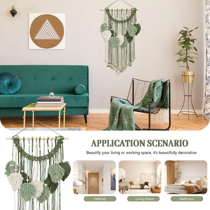 Chihutown Macrame Wall Hanging, Cotton Macrame Wall Decor, Boho Tapestry for Farmhouse, Coffee Shop and Office, Handmade Sage Green Leaf Hanging Tapestry, Living room Decor and Accessories (Green)