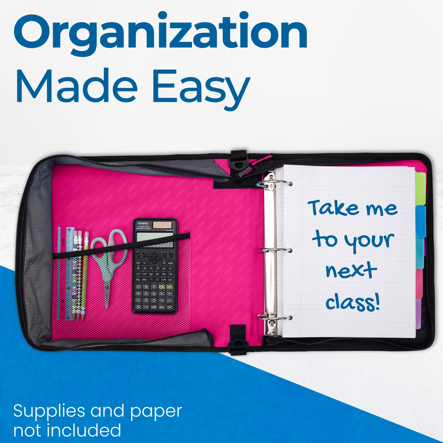 Case-it Classic Zipper Binder | 2-Inch O-Rings, 350 Sheet Capacity, Multiple Storage Pockets & Shoulder Strap | School & Office Organizer | D-251 Magenta