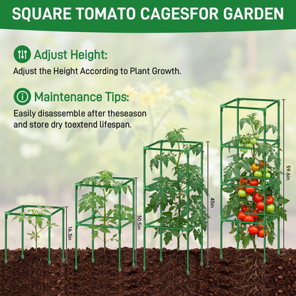 Square Tomato Cages Heavy Duty 3 Pack, Up to 59.6 Inches Tall Adjustable Tomato Trellis Cage for Garden, Plant Support for Vegetables Climbing Plants, Pots Raised Garden Bed Outdoor