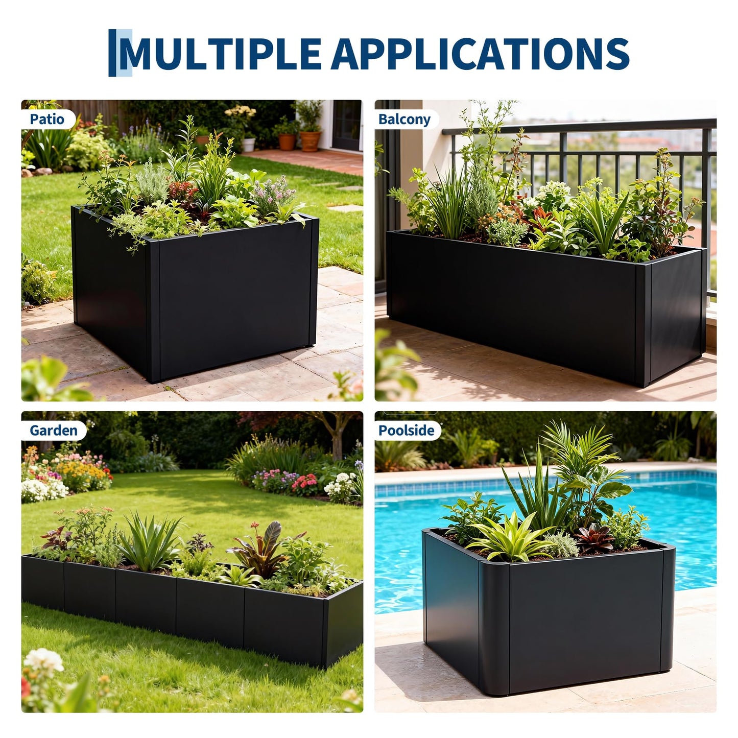 GarveeTech Metal Square Planter Box Tall Planters for Outdoor Plants Modern Heavy Duty with Drainage Holes for Outdoor Patio, Balcony, Yard, with Bottom