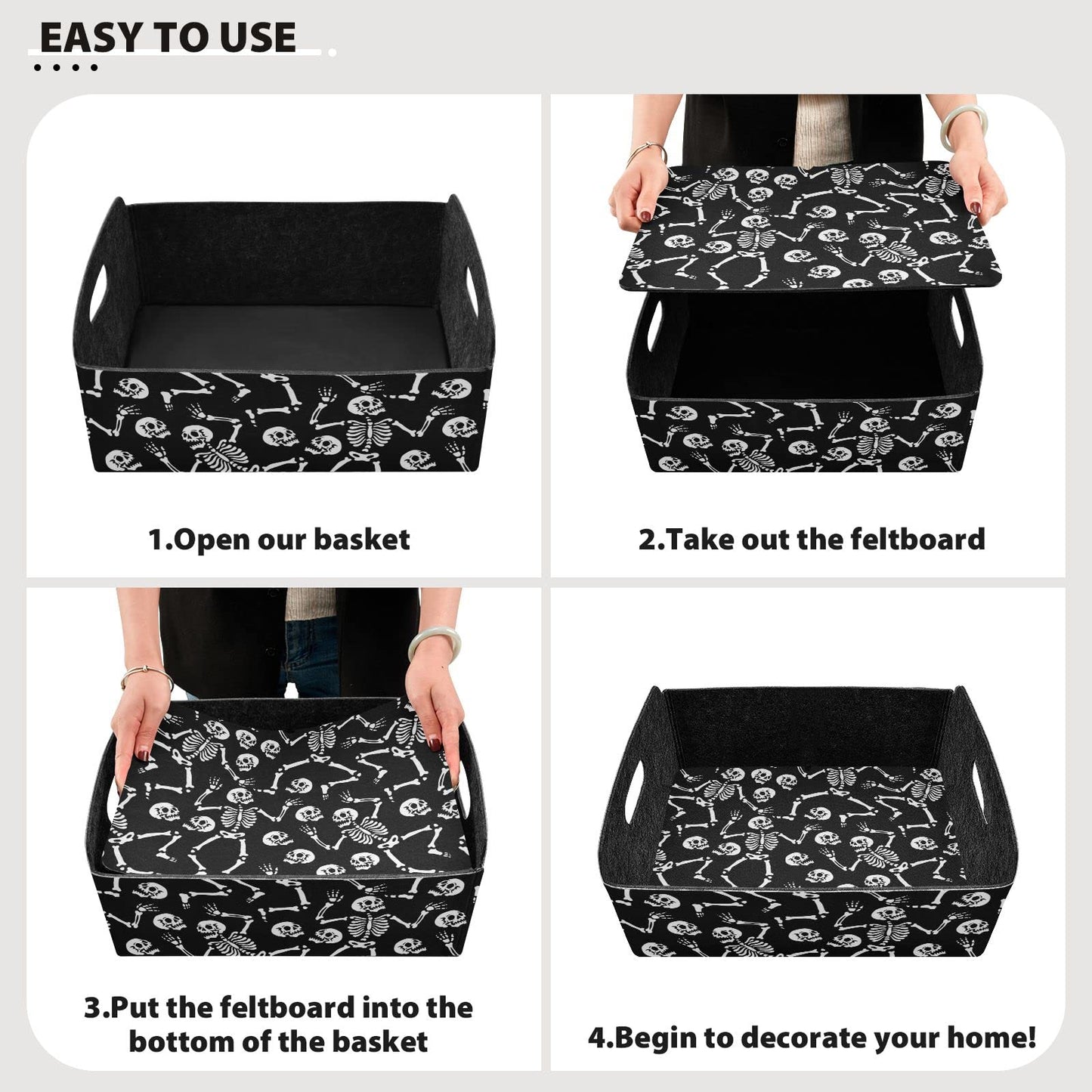 CaTaKu Foldable Storage Basket Halloween Skull Black Collapsible Felt Storage Bins with Handle Drawer Organizer Bin Cube Shelf Box for Organizing Closet Clothes Office Books Bedroom