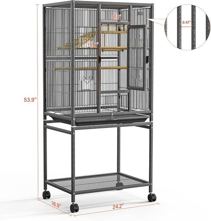 54" Large Bird Cage with Wheels, Durable Wrought Iron Parakeet Cage with Slide Out Tray, Black Bird Cages with Feeding Cups, Wooden Platform, Swing & Perches, for Lovebird, Cockatiels, Budgies