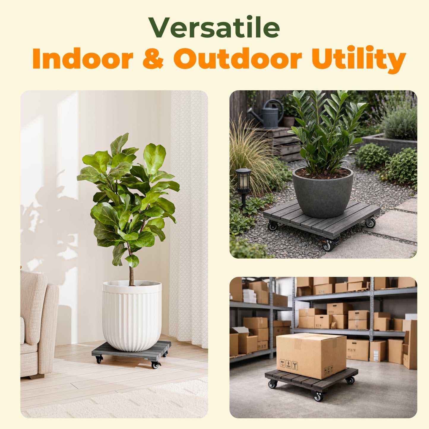 Jurax 14 Inch Wood Plant Caddy with Wheels – Heavy Duty Plant Dolly Holds Up to 286 lbs, 360° Lockable Casters, Rolling Plant Stand Indoor Outdoor for Large Pots – 2 Packs, Square-Rustic