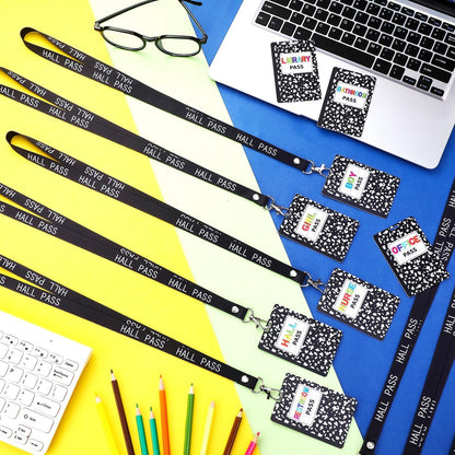 Fuyoooo 16 Set Composition Notebook Hall Pass Lanyards Unbreakable PVC Classroom Passes with Lanyards Bathroom Boy Girl Library Hall Office Nurse Pass for Elementary School Supplies