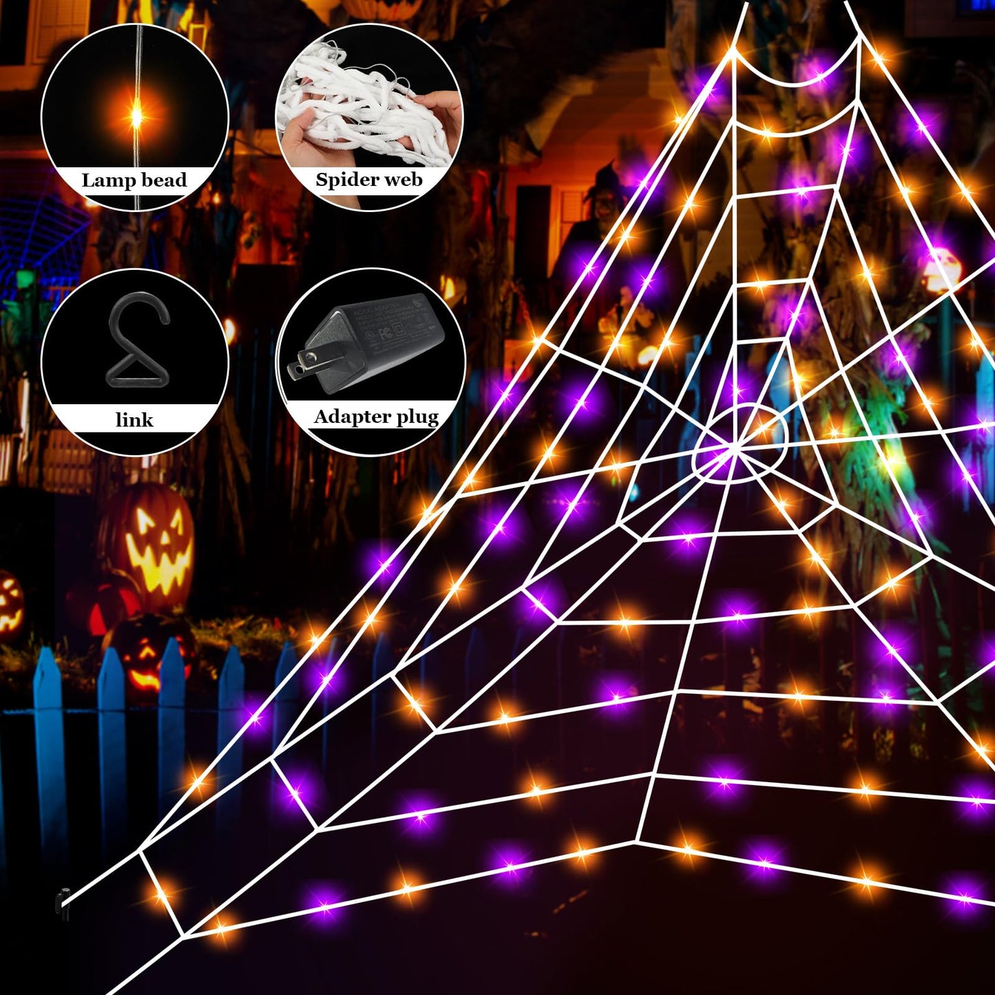 Halloween Giant Spider Web Lights, Spider Web Decoration with 50" Plush Spider & Stretch Cobweb, Powered by Adapter Plug, Remote Control 8 Lighting Modes, Perfect for Scary Halloween Yard Decorations
