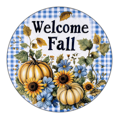 KIYOYO Retro Round Metal Tin Sign Blue Welcome Fall Pumpkins Sign Craft Supplies Pumpkin Wreath Supplies Wreath Center Home Decoration Art Poster 12x12 Inch